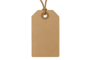 Brown cardboard rectangular label dangling from knotted string against transparent background