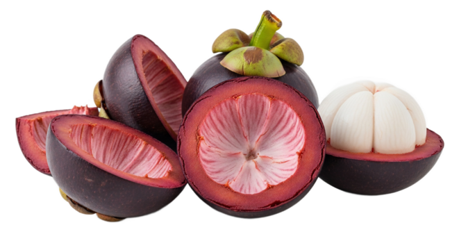 Fresh mangosteen fruits display their segments and deep purple rind on transparent background.