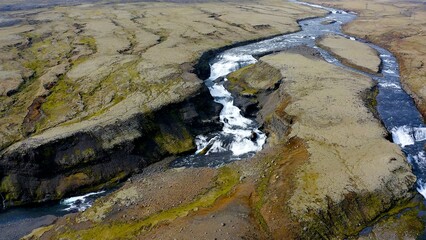 Aerial view of the spectacular rapids of Fossaa River, situated in southern Iceland.