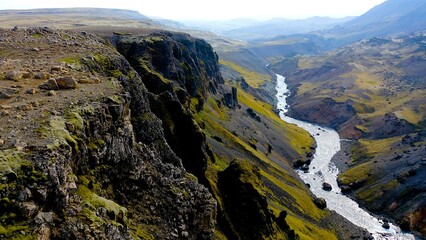 Aerial view of the spectacular rapids of Fossaa River, situated in southern Iceland.