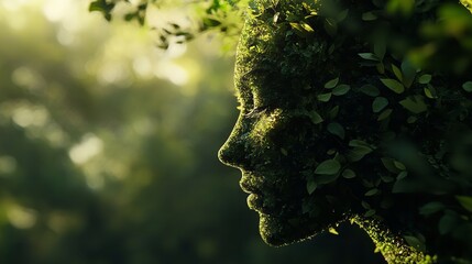 Serene Portrait of a Woman's Face Covered in Lush Greenery and Ferns, Emphasizing Nature's Beauty and Harmony with the Environment Under Soft Sunlight