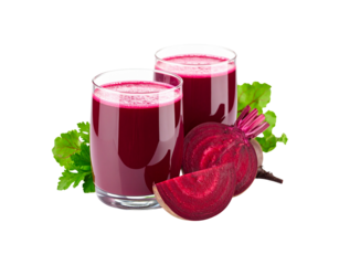Two Glasses of Vibrant Beet Juice with Fresh Beetroot Slices.