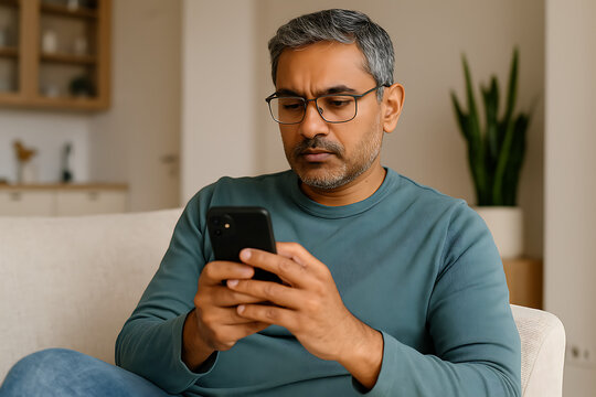A focused middle-aged Indian man wearing glasses intently looking at his smartphone while sitting on a couch at home, engaged in online trading
