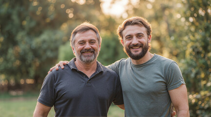 Two men, possibly father and son, embrace outdoors, showcasing a heartwarming connection against a backdrop of blurred greenery and warm sunlight.