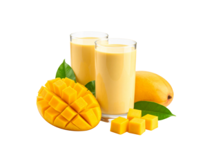 Refreshing Mango Lassi Two Glasses with Fresh Mango Fruit and Cubes.