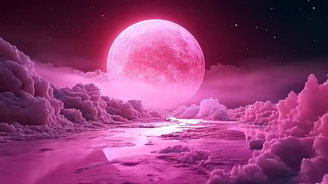 Surreal landscape featuring a vibrant pink moon rising over a reflective water surface and clouds