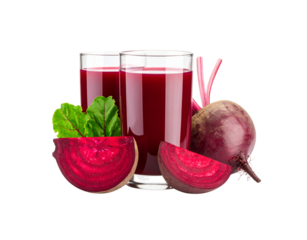 Fresh Beetroot Juice in Glasses with Beet Slices and Leaves.