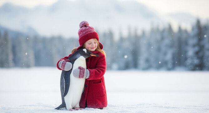 A heartwarming scene shows a little girl embracing a penguin friend in a snowy landscape, creating a moment of pure joy and winter wonder.