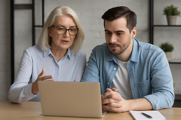 An experienced senior businesswoman providing guidance and mentoring to a young male colleague, both intently looking at a laptop in a modern office setting