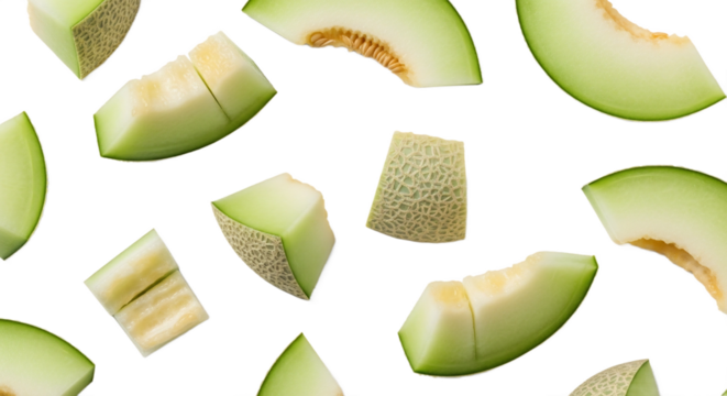 Slices of fresh honeydew melon are scattered on a sleek, transparent background. - Powered by Adobe