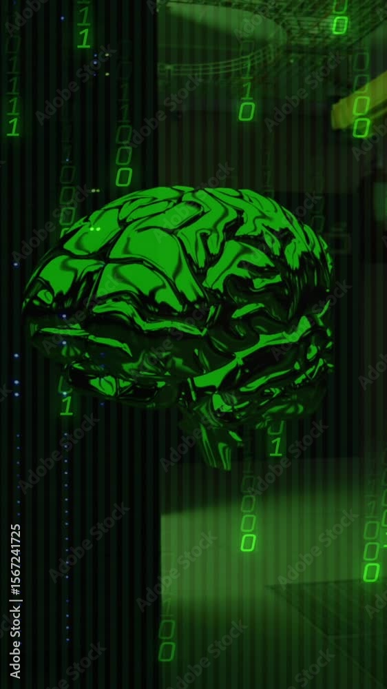 Poster animation of data processing and digital brain over server room