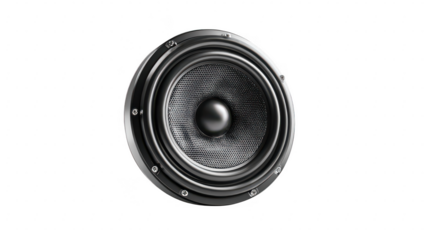 Modern audio speaker driver with metallic finish isolated on transparent background