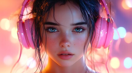 Fototapeta premium Woman with Pink Headphones, Digital Art