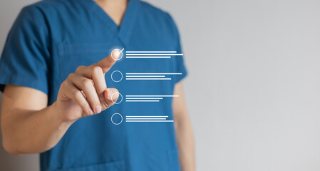 close up young general practitioner hand check mark box on medical checklist or opd record to read...