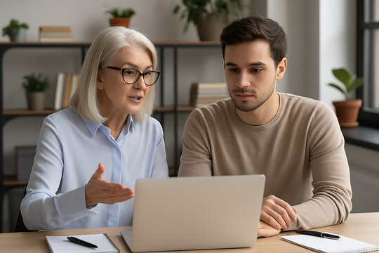 A knowledgeable senior businesswoman actively mentoring and explaining concepts to a younger male colleague during a productive session in an office with a laptop - Powered by Adobe