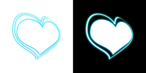 Blue cyan glowing heart line on transparent and black background
