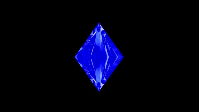 3D animation of a deep blue diamond-shaped crystal rotating smoothly against a black background. Great for sci-fi, fantasy games, or digital interface design.