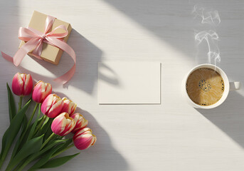 Morning flat lay with pink tulips, coffee, gift, and blank card mockup on white wood. Celebration concept for Mother's Day, birthday, or Valentine's. Top view with copy space.
