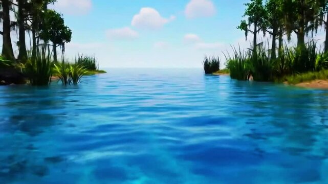 Sungai buran pasokan air laut, air bergradasi asin, vegetasi rawa statis, Realistis, 3D look (cinematic), Statis (kamera diam), Smooth (gerakan tidak tersendat), 4K resolusi, Loopable seamless