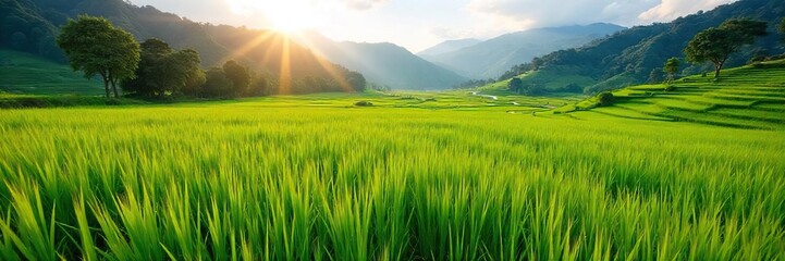 Fototapeta premium Sun-drenched rice paddies in Bali, lush green stalks heavy with ripening grain, a vibrant scene of abundant harvest Traditional irrigation systems flow through the fertile landscape , tropical, Bali