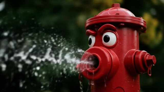 Animated Hydrant in Action: A whimsical red hydrant with expressive eyes gushes water, capturing a moment of playful energy against a blurred, verdant backdrop.
