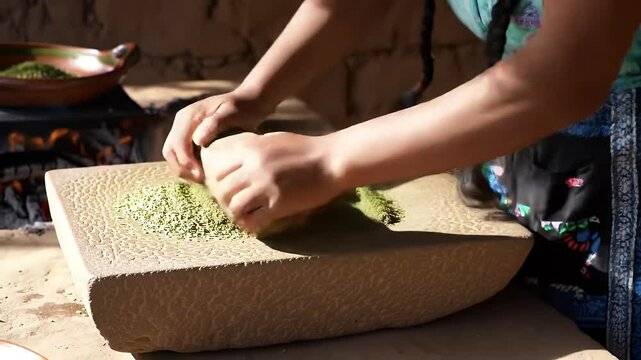 Hand-Grinding Herbs Traditional Mexican Herbal Preparation
