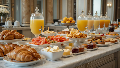 Luxurious Hotel Breakfast Buffet Croissants, Smoked Salmon, and Fresh Juices