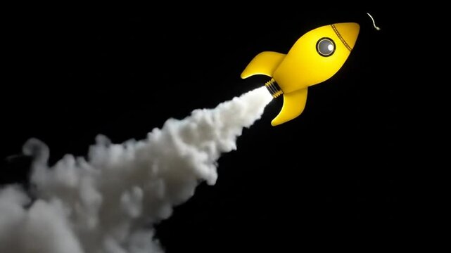 Ascending Rocket: A vibrant, yellow rocket soars gracefully against a black canvas, leaving a trail of billowing smoke that embodies forward motion and the pursuit of ambitious goals.
