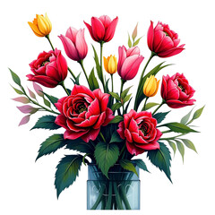Fototapeta premium Vibrant red and pink tulips roses in glass vase transparent background
