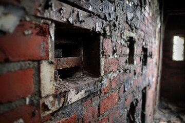 Damaged Red Brick Wall in a Ruined Building Interior