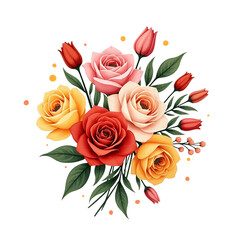 Vibrant roses and tulips bouquet on transparent background