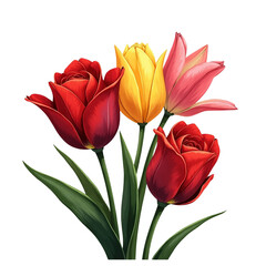 Vibrant red yellow pink tulips and roses bouquet transparent background
