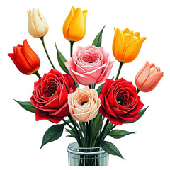 Vibrant roses and tulips bouquet transparent background