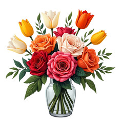 Vibrant roses and tulips in glass vase transparent background