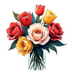 Vibrant roses tulips bouquet glass vase transparent background