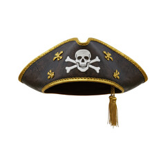 Authentic Black Tricorne Pirate Hat with Skull and Crossbones Emblem and Golden Trim for Themed Parties and Costume Events