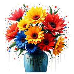 Vibrant sunflower and gerbera daisy bouquet in teal vase