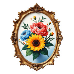 Vibrant sunflower rose and blue flower bouquet in ornate gold frame