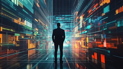 Business professional silhouetted against a vibrant digital landscape showcasing data analytics and technology - Powered by Adobe