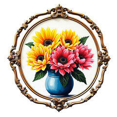 Vibrant sunflowers and dahlias in an ornate gold frame