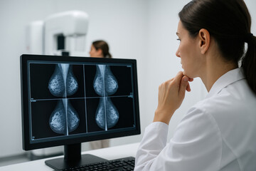 Healthcare Professional Analyzing Mammogram: A healthcare professional examines a digital mammogram, with an eye on diagnosis and patient care, the focus on women health and early detection.