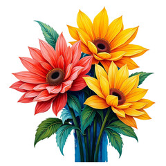 Vibrant sunflowers and dahlias bouquet transparent background
