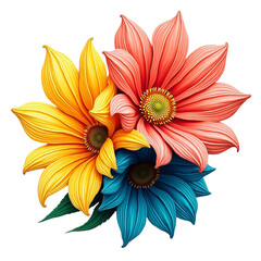 Vibrant trio of yellow orange and blue flowers transparent background