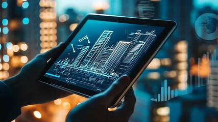 Hands holding a tablet displaying digital cityscape data against a blurred urban night background - Powered by Adobe