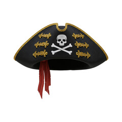 Authentic Pirate Tricorne Hat Featuring a Skull and Crossbones Emblem Adorned with Gold Trim and Red Ribbon Accents for a Bold Swashbuckling Look