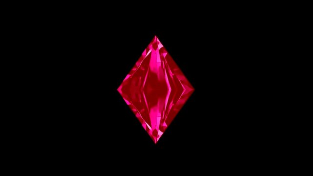 Animated rotating red diamond-shaped gemstone isolated on black background. Ideal for casino projects, fantasy visuals, jewelry design, and digital animation assets.