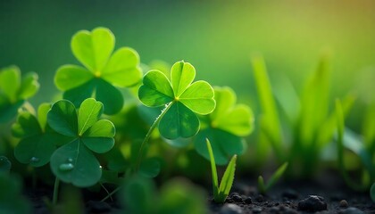 Fresh green clovers glisten, signs of good luck and St Patrick's Day, set against a softly blurred green background.