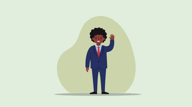 Flat 2D animation of a dark-skinned man with curly hair, wearing a dark blue suit and red tie, waving with a wide smile. Abstract olive-green background. Ideal for inclusive corporate content and busi