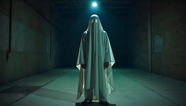 Person dressed in a white ghost costume standing in a dark tunnel illuminated by a single light.