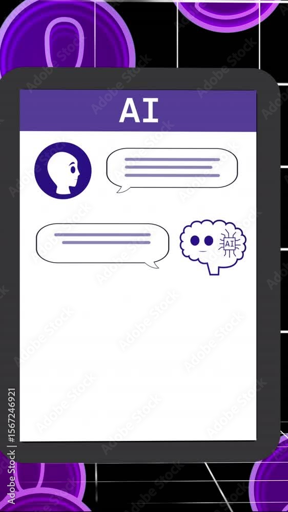 Poster Animation of ai chat and data processing over tablet screen and grid